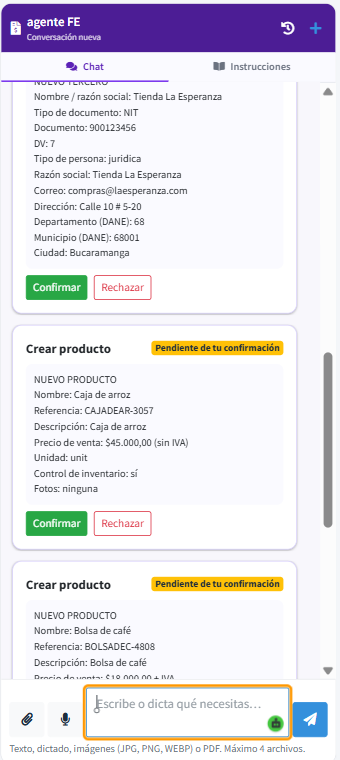 Tarjetas para confirmar o rechazar