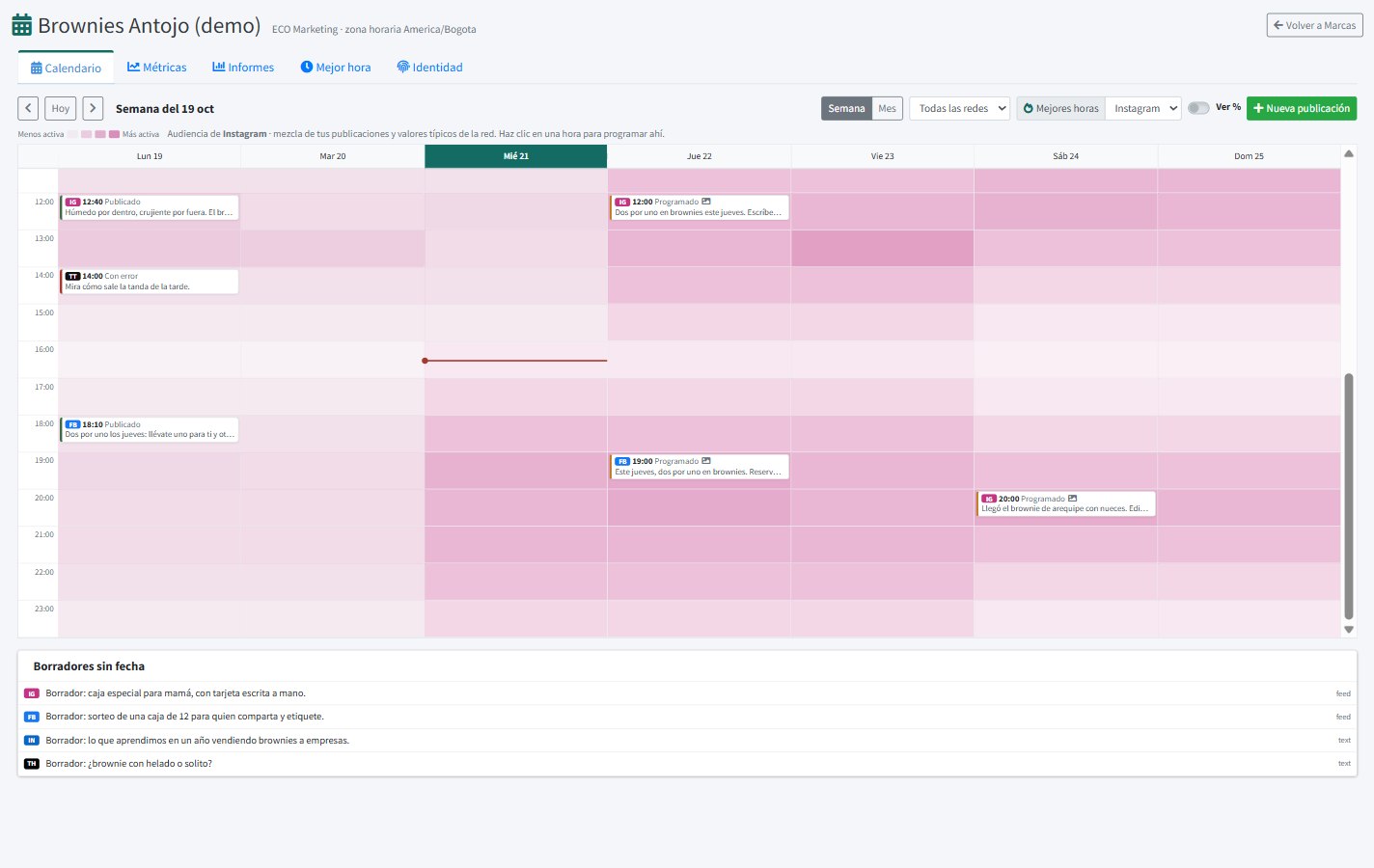 Calendario de ECO Marketing con publicaciones y mejores horas